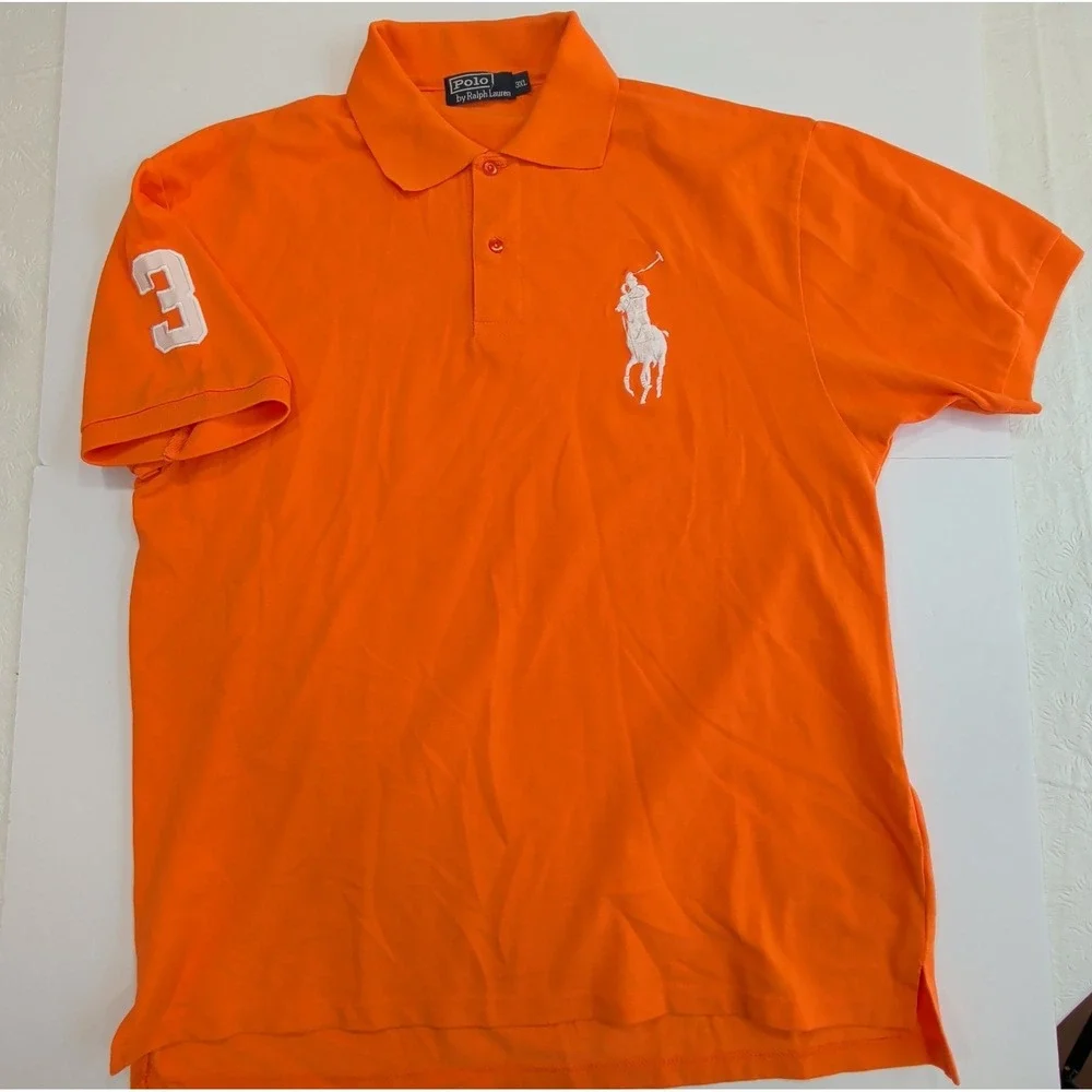 Vintage Ralph Lauren Polo Shirt Mens XL Orange Big Pony Number 3 Preppy Campus